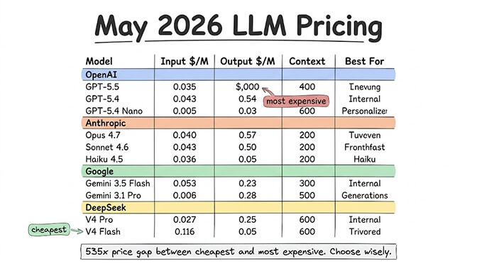 May 2026 LLM pricing table comparing input $/M, output $/M, context, and best-for across OpenAI (GPT-5.5, GPT-5.4, GPT-5.4 Nano), Anthropic (Opus 4.7, Sonnet 4.6, Haiku 4.5), Google (Gemini 3.5 Flash, Gemini 3.1 Pro), and DeepSeek (V4 Pro, V4 Flash). 535x price gap between cheapest and most expensive. Choose wisely