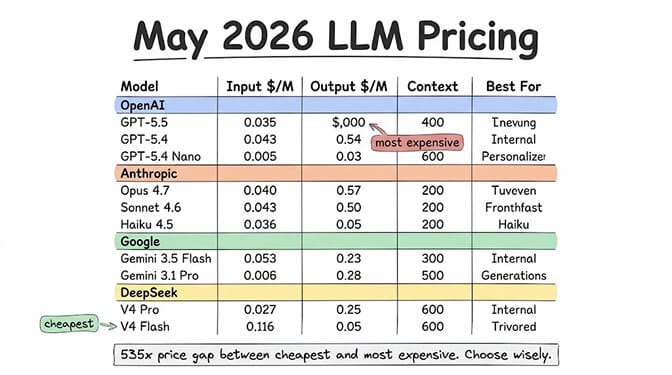 May 2026 LLM pricing table comparing input $/M, output $/M, context, and best-for across OpenAI (GPT-5.5, GPT-5.4, GPT-5.4 Nano), Anthropic (Opus 4.7, Sonnet 4.6, Haiku 4.5), Google (Gemini 3.5 Flash, Gemini 3.1 Pro), and DeepSeek (V4 Pro, V4 Flash). 535x price gap between cheapest and most expensive. Choose wisely