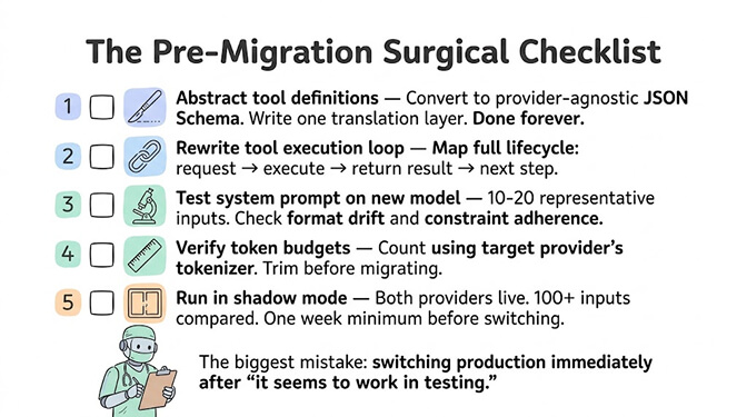 The pre-migration checklist: abstract tool definitions, rewrite the tool execution loop, test the system prompt on the new model, verify token budgets, and run in shadow mode before switching.