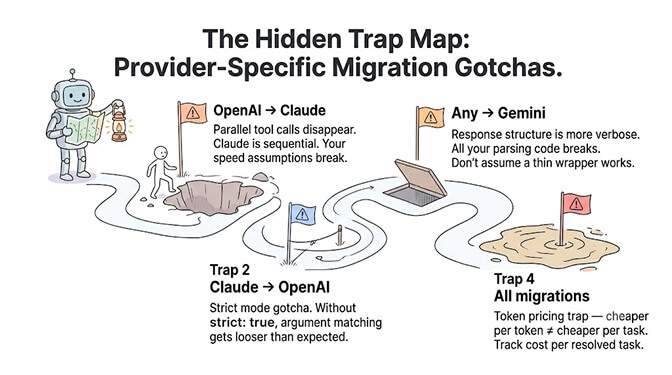Provider-specific migration gotchas: OpenAI to Claude parallel tool calls, Claude to OpenAI strict mode, any provider to Gemini response structure, and token pricing traps.