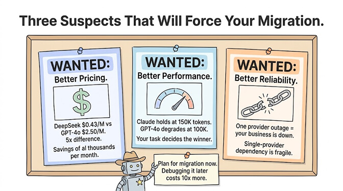 Three suspects that force a migration: better pricing, better performance, and better reliability. Plan for migration now; debugging it later costs 10x more.