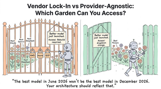 Vendor lock-in versus provider-agnostic: a locked gate where a better model means a rebuild, versus an open gate where switching is a dropdown change.