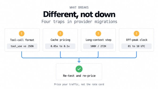 What breaks, different not down, four traps in provider migrations: tool-call format (tool_use vs JSON), cache pricing (0.05x to 0.1x), long-context step (100K / 272K) and off-peak clock (01 to 10 UTC). Re-test and re-price. Price your traffic, not the rate card.