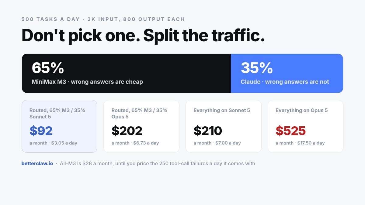 Routing split of 65% MiniMax M3 and 35% Claude at 500 tasks a day: $92 a month via Sonnet 5, $202 via Opus 5, against $525 for all-Opus