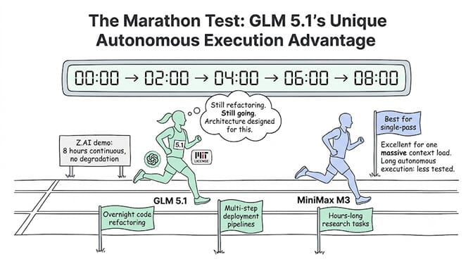 The marathon test: GLM 5.1's unique autonomous execution advantage, illustrated as a long-distance runner sustaining an 8-hour coding task without degradation