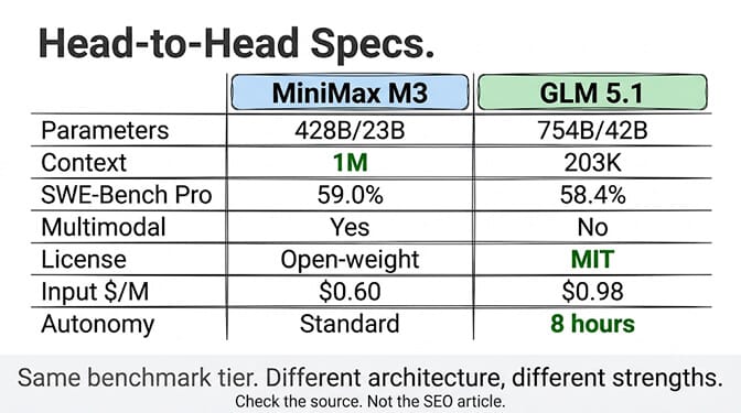 Head-to-head specs comparison of MiniMax M3 and GLM 5.1 showing parameters, context window, SWE-Bench Pro scores, multimodal support, licensing, input pricing, and autonomy duration