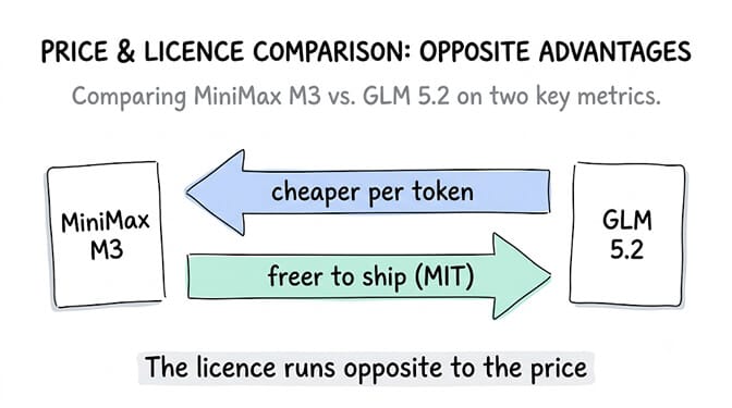 Price and licence compared: MiniMax M3 is cheaper per token, GLM 5.2 is freer to ship under MIT. The licence runs opposite to the price.