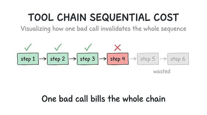 A sequential tool chain where a wrong call at step four wastes every step after it. One bad call kills the whole chain.