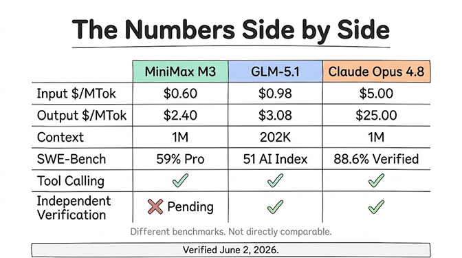 The numbers side by side: MiniMax M3 ($0.60/$2.40, 1M context, 59% SWE-Bench Pro), GLM-5.1 ($0.98/$3.08, 202K context, 51 AI Index), and Claude Opus 4.8 ($5/$25, 1M context, 88.6% SWE-Bench Verified). All support tool calling, but only GLM-5.1 and Opus have independent verification — M3's is pending. Different benchmarks, not directly comparable