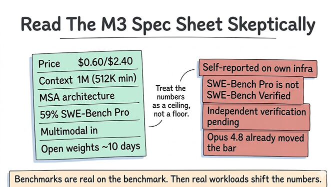 Read the M3 spec sheet skeptically: confirmed specs ($0.60/$2.40, 1M context with 512K min, MSA architecture, 59% SWE-Bench Pro, multimodal in, open weights ~10 days) alongside the caveats — self-reported on own infra, SWE-Bench Pro is not SWE-Bench Verified, independent verification pending, and Opus 4.8 already moved the bar. Treat the numbers as a ceiling, not a floor