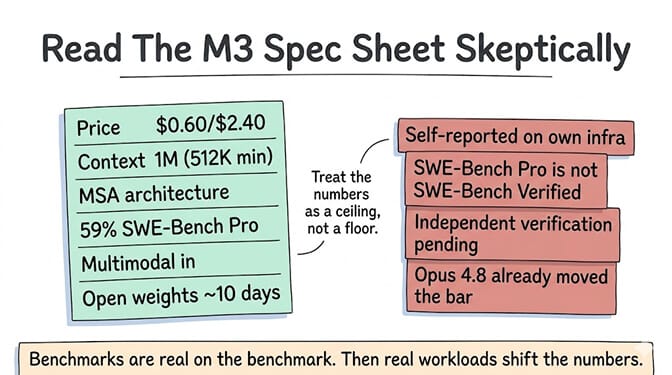 Read the M3 spec sheet skeptically: confirmed specs ($0.60/$2.40, 1M context with 512K min, MSA architecture, 59% SWE-Bench Pro, multimodal in, open weights ~10 days) alongside the caveats — self-reported on own infra, SWE-Bench Pro is not SWE-Bench Verified, independent verification pending, and Opus 4.8 already moved the bar. Treat the numbers as a ceiling, not a floor
