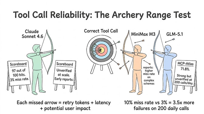 Tool call reliability as an archery range: Claude Sonnet hits 97 of 100 with a 3% miss rate, while MiniMax M3 and GLM-5.1 report higher, unverified miss rates. A 10% miss rate is 3.5x more failures on 200 daily calls.
