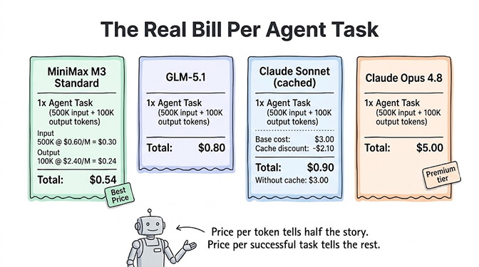 The real bill per agent task for 500K input plus 100K output tokens: MiniMax M3 $0.54, GLM-5.1 $0.80, Claude Sonnet cached $0.90, Claude Opus 4.8 $5.00. Price per successful task tells the real story.
