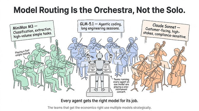 Model routing is the orchestra, not the solo: MiniMax M3 for classification, GLM-5.1 for agentic coding, Claude Sonnet for customer-facing high-stakes work. Every agent gets the right model for its job.