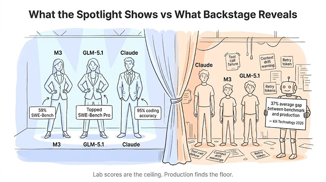 What the spotlight shows versus what backstage reveals: clean benchmark scores on stage, but tool-call failures, context drift, and retries backstage. A 37% average gap between benchmark and production (Kili Technology 2026).