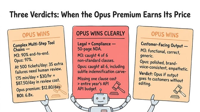 Three verdicts where the Opus premium earns its price: complex multi-step tool chains, legal and compliance work, and customer-facing output quality, where Opus's higher accuracy pays for itself in saved human-review time and avoided risk