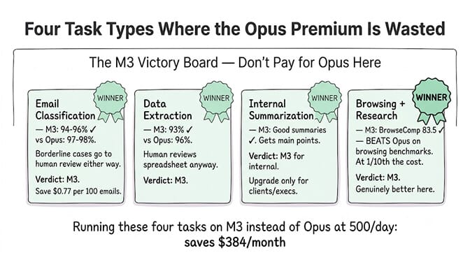 Four task types where the Opus premium is wasted: email classification, data extraction, summarization, and browsing/research, where MiniMax M3 matches or beats Opus within 2-3% accuracy at 8-10x less cost