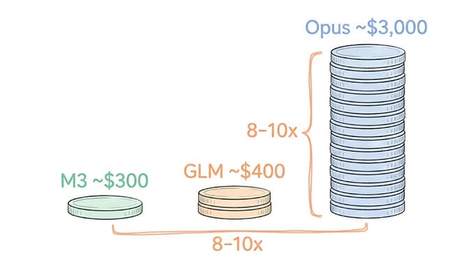 Monthly cost stacks: Opus around $3,000, GLM around $400, and M3 around $300, illustrating the 8-10x gap, hand-drawn pastel style