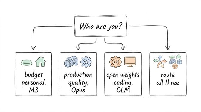Who are you? Budget personal goes to M3, production quality to Opus, open-weight coding to GLM, or route all three, hand-drawn pastel style