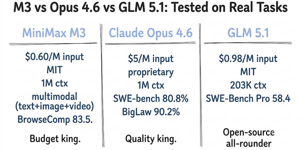 MiniMax M3 vs Claude Opus 4.6 vs GLM 5.1: Tested on Real Agent Tasks