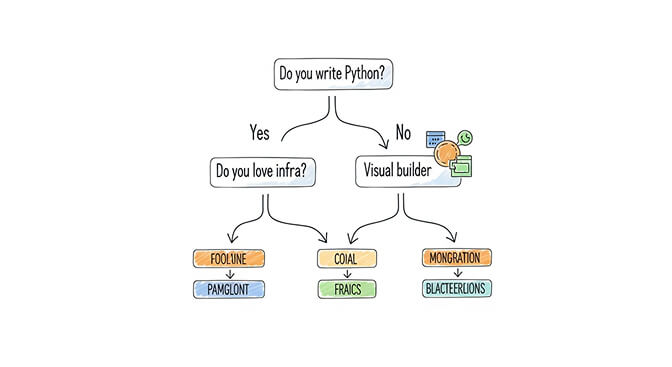 Decision tree for choosing between no-code, low-code, and code-first AI agent builders