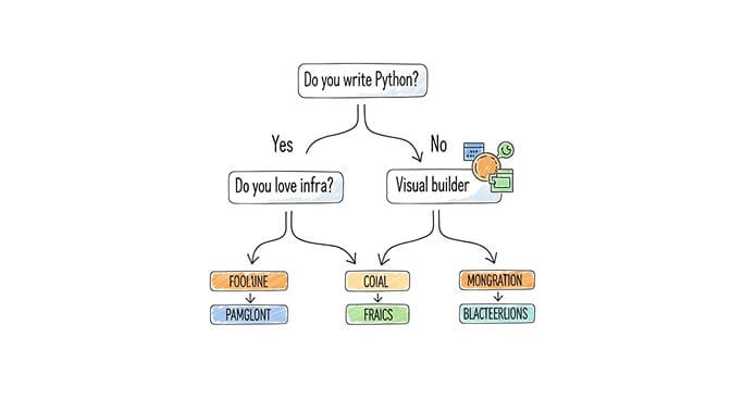 Decision tree for choosing between no-code, low-code, and code-first AI agent builders