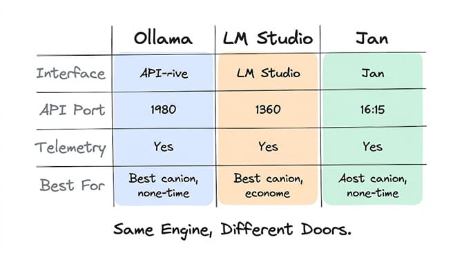 Side-by-side comparison of Ollama, LM Studio, and Jan across interface, API port, telemetry, and best-for - the same underlying engine behind different doors