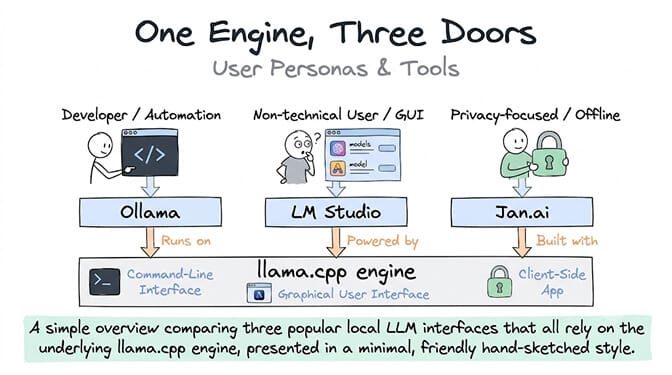 One Engine, Three Doors: Ollama (Developer / Automation), LM Studio (Non-technical User / GUI), and Jan.ai (Privacy-focused / Offline) all run on top of the same llama.cpp engine - Ollama as a command-line interface, LM Studio as a graphical user interface, and Jan as a client-side app