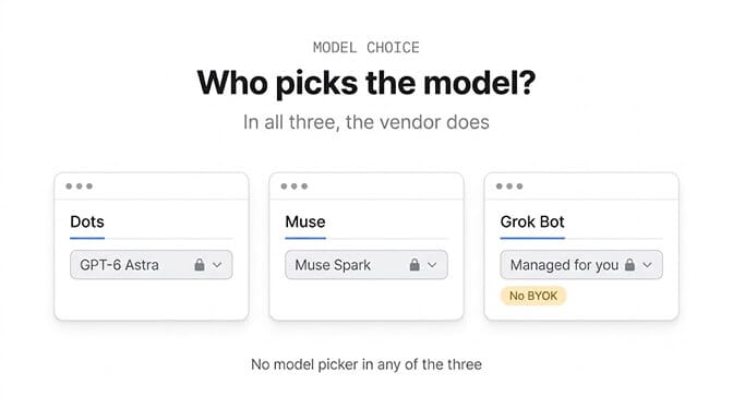 Who picks the model? Dots is locked to GPT-6 Astra, Muse to Muse Spark, and Grok Bot's model is managed for you with no bring-your-own-key. No model picker in any of the three