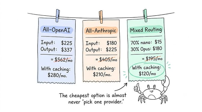 Three receipts on a clothesline comparing monthly agent cost: All-OpenAI ($562, or $280 with caching), All-Anthropic ($405, or $210 with caching), and Mixed Routing (70% nano plus 30% Opus = $195, or $120 with caching) — the cheapest option is almost never 'pick one provider.'