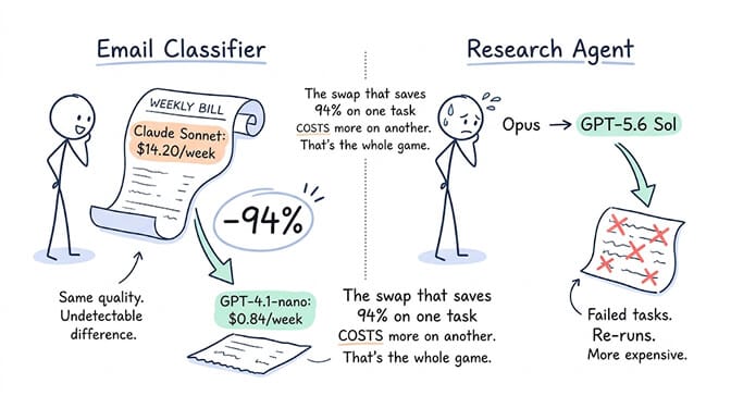 Two side-by-side stick-figure scenes: an email classifier's weekly bill dropping 94% from Claude Sonnet ($14.20/week) to GPT-4.1-nano ($0.84/week) with undetectable quality difference, versus a research agent whose Opus-to-GPT-5.6-Sol swap produces failed tasks and expensive re-runs — the swap that saves 94% on one task costs more on another.