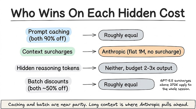 Who wins on each hidden cost: prompt caching is roughly equal (both 90% off), context surcharges go to Anthropic (flat 1M, no surcharge), hidden reasoning tokens favor neither (budget 2-3x output), and batch discounts are roughly equal (both ~50% off). Caching and batch are near parity; long context is where Anthropic pulls ahead