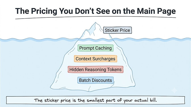 The pricing you don't see on the main page: an iceberg with sticker price above the waterline and prompt caching, context surcharges, hidden reasoning tokens, and batch discounts hidden below. The sticker price is the smallest part of your actual bill