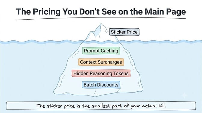 The pricing you don't see on the main page: an iceberg with sticker price above the waterline and prompt caching, context surcharges, hidden reasoning tokens, and batch discounts hidden below. The sticker price is the smallest part of your actual bill