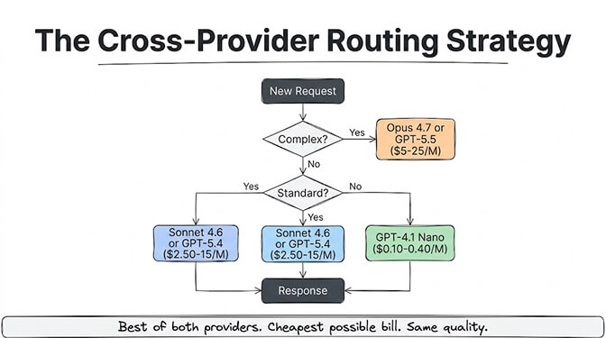 The cross-provider routing strategy: a decision tree routing each new request by complexity — complex tasks to Opus 4.7 or GPT-5.5 ($5-25/M), standard tasks to Sonnet 4.6 or GPT-5.4 ($2.50-15/M), and simple tasks to GPT-4.1 Nano ($0.10-0.40/M). Best of both providers, cheapest possible bill, same quality