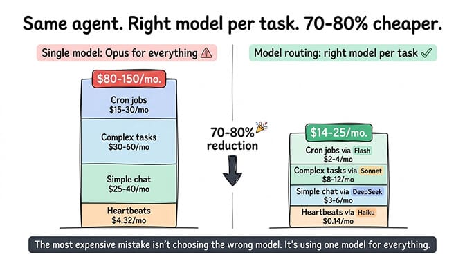 OpenClaw model routing diagram showing heartbeats routed to Haiku, conversations to Sonnet, and complex tasks to Opus