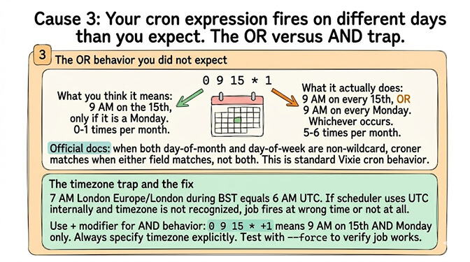 The Vixie cron OR-vs-AND trap: 0 9 15 * 1 firing 5-6 times per month instead of 0-1, the + day-of-week modifier fix, and the BST/UTC timezone trap that fires jobs at the wrong London hour