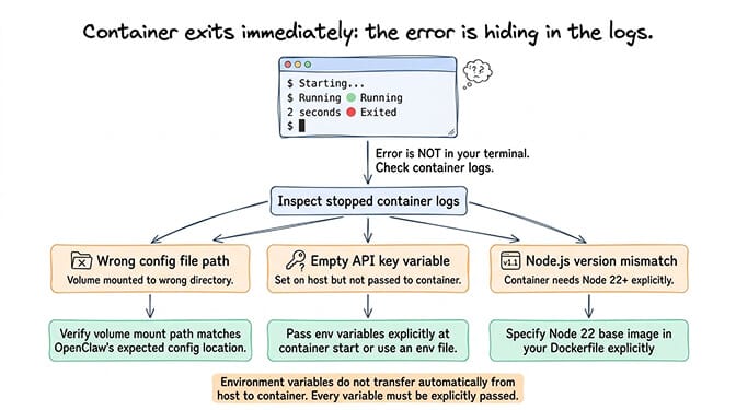 Container exits immediately: checking logs to find the actual startup error