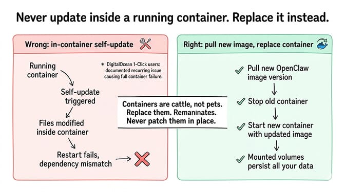 The correct Docker update flow: pull new image, stop old container, start new container