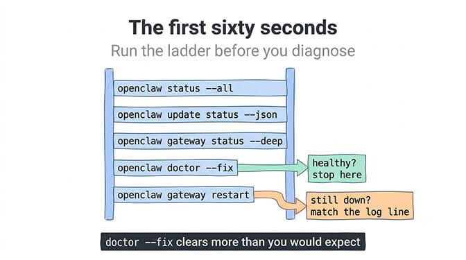 The first sixty seconds: a five-rung ladder of commands, branching to "healthy? stop here" after doctor --fix and "still down? match the log line" after the restart.