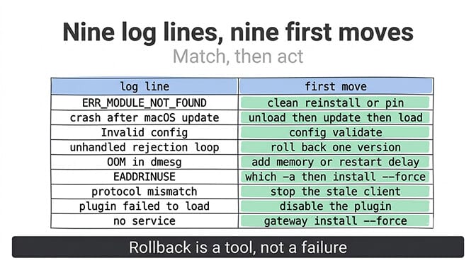 Nine log lines, nine first moves: a two-column table matching each log signature to its first action, from ERR_MODULE_NOT_FOUND to a missing supervisor service.