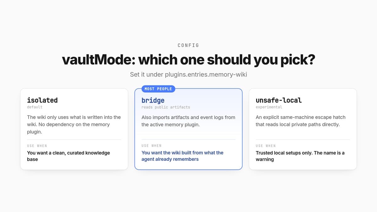 OpenClaw memory-wiki vaultMode picker showing isolated, bridge and unsafe-local cards with when to use each