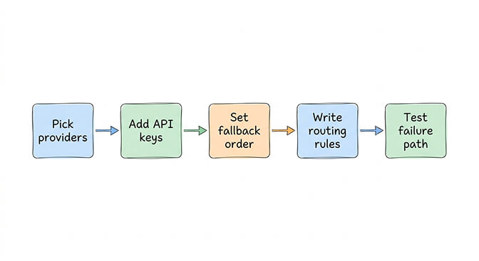 Five-step setup flow for OpenClaw media generation covering providers, credentials, fallback chain, routing rules, and failure path testing