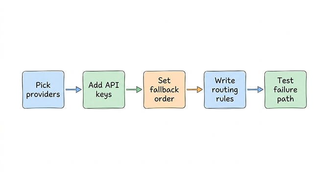 Five-step setup flow for OpenClaw media generation covering providers, credentials, fallback chain, routing rules, and failure path testing