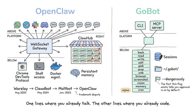 Side-by-side architecture. OpenClaw: a WebSocket Gateway fanning out to a dozen messaging platforms above, and to Chrome DevTools Protocol, shell access, Docker management and persistent memory below, with the ClawHub skill marketplace to the side and the Warelay to Clawdbot to Moltbot to OpenClaw rename trail underneath. GoBot: a CLI and MCP server above a single binary, with its full tool registry listed — bash, read, write, edit, glob, grep, web, browser, screenshot, vision, memory, cron — plus SQLite sessions, a ~/.gobot config directory, an alpha tag, and a --dangerously flag whose existence tells you approvals are on by default.
