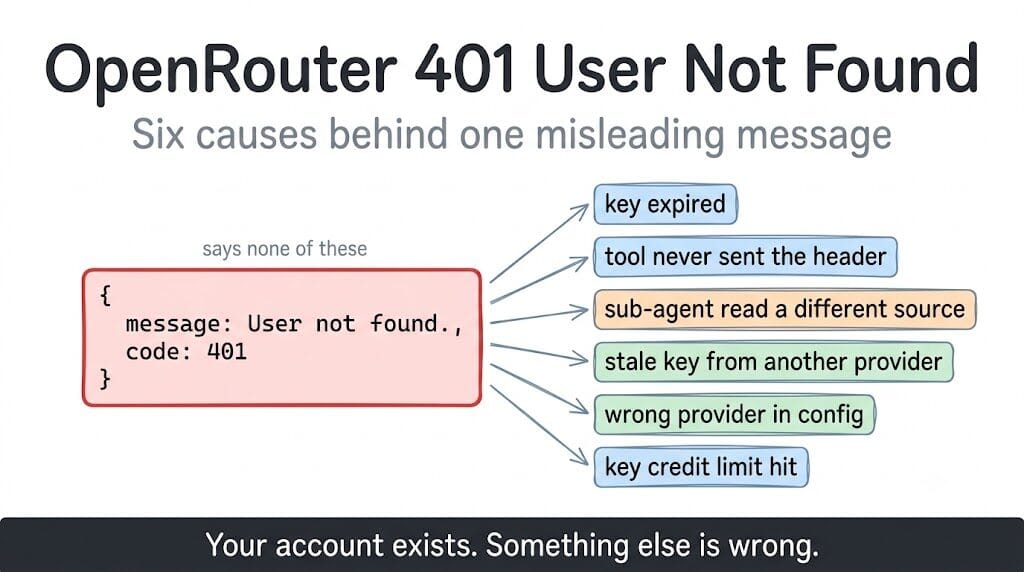 OpenRouter's {"message": "User not found.", "code": 401} can mean six different things: key expired, tool never sent the header, sub-agent read a different source, stale key from another provider, wrong provider in config, or key credit limit hit