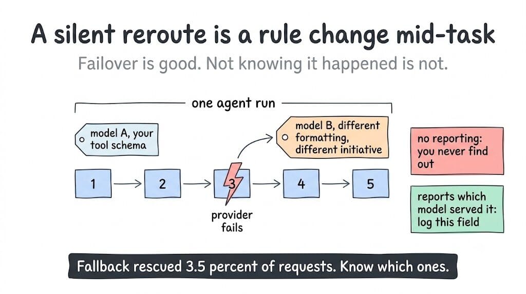 A five-step agent run where the provider fails at step 3 and the gateway reroutes to model B with different formatting and initiative; without reporting you never find out, so log which model served each request