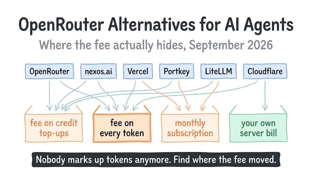 OpenRouter, nexos.ai, Vercel, Portkey, LiteLLM and Cloudflare each mapped to where their fee sits: on credit top-ups, on every token, a monthly subscription, or your own server bill
