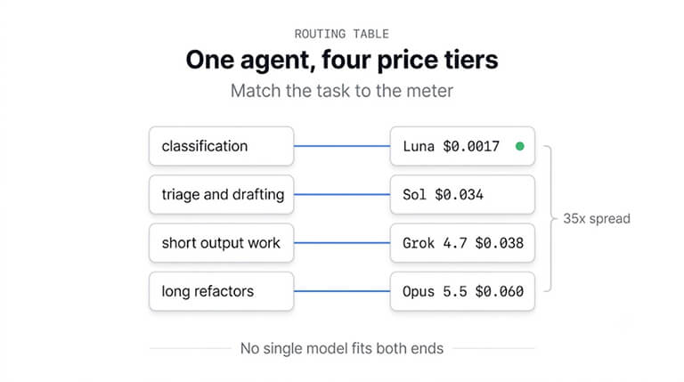 One agent, four price tiers: classification on Luna at $0.0017, triage and drafting on Sol at $0.034, short output work on Grok 4.7 at $0.038, long refactors on Opus 5.5 at $0.060. A 35x spread, so no single model fits both ends