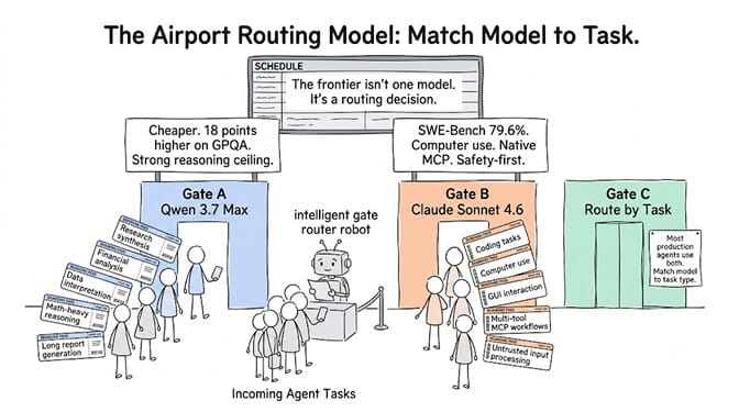 The airport routing model: match each task to the right model, sending reasoning-heavy work to Qwen 3.7 Max and coding, computer-use, and MCP workflows to Claude Sonnet 4.6